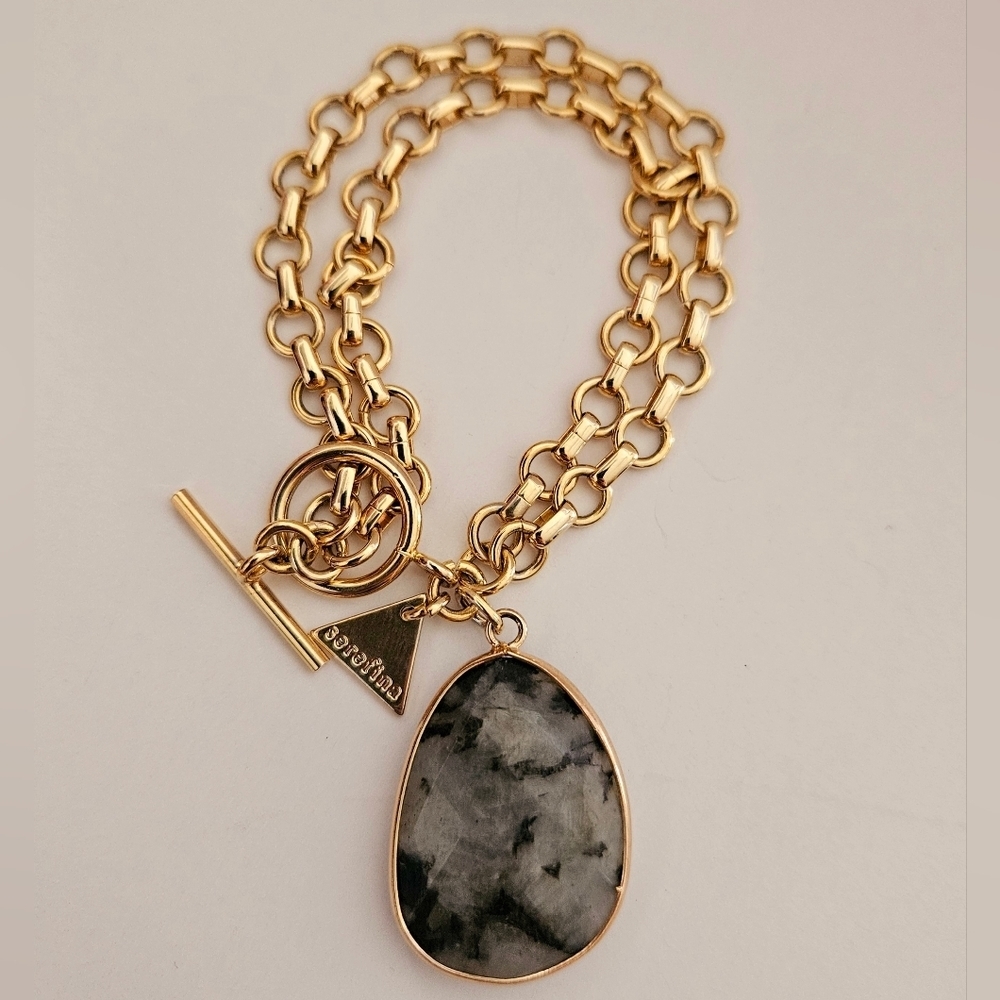 GREY QUARTZ ANTHROPOLOGIE SEREFINA STONE DROP GOLD TONE BRACELET TOGGLE CHAIN